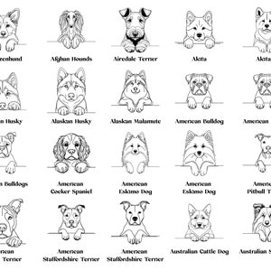 以下が含まれることがあります： アブルッツェンハウンド、アフガンハウンド、エアデールテリア、秋田犬、アラスカンハスキー、アラスカンマラミュート、アメリカンブルドッグ、アメリカンコッカースパニエル、アメリカンエスキモー犬、アメリカンピットブルテリア、オーストラリアンクーリートリバー、オーストラリアシェパードなど、さまざまな犬種の白黒線画です。