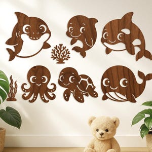 Pacchetto SVG di creature marine, 40 clipart di animali dell'oceano, file tagliati al laser per Glowforge xTool Cricut, decorazioni nautiche per cameretta dei bambini, file SVG CNC
