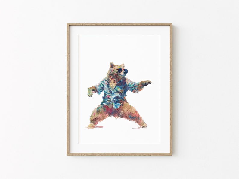 May include: A watercolour painting of a brown bear wearing sunglasses and a blue and white patterned shirt. The bear is standing in a fighting stance with its arms outstretched.