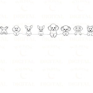 May include: Black and white line art illustration of ten different dog breeds peeking over a surface. The dogs are all facing forward and have their tongues sticking out.