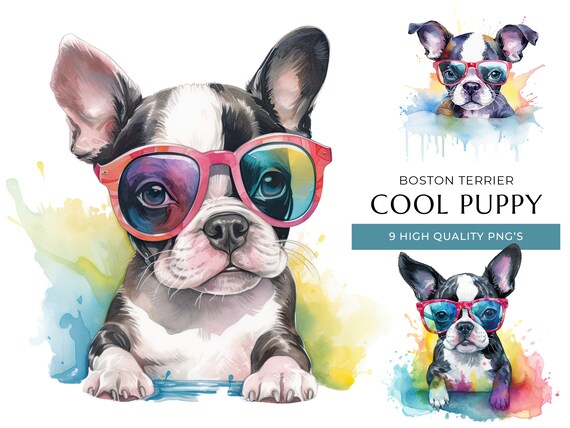 Watercolor Boston Terrier Puppy Clipart, Dog with Sunglasses (Digital Download)