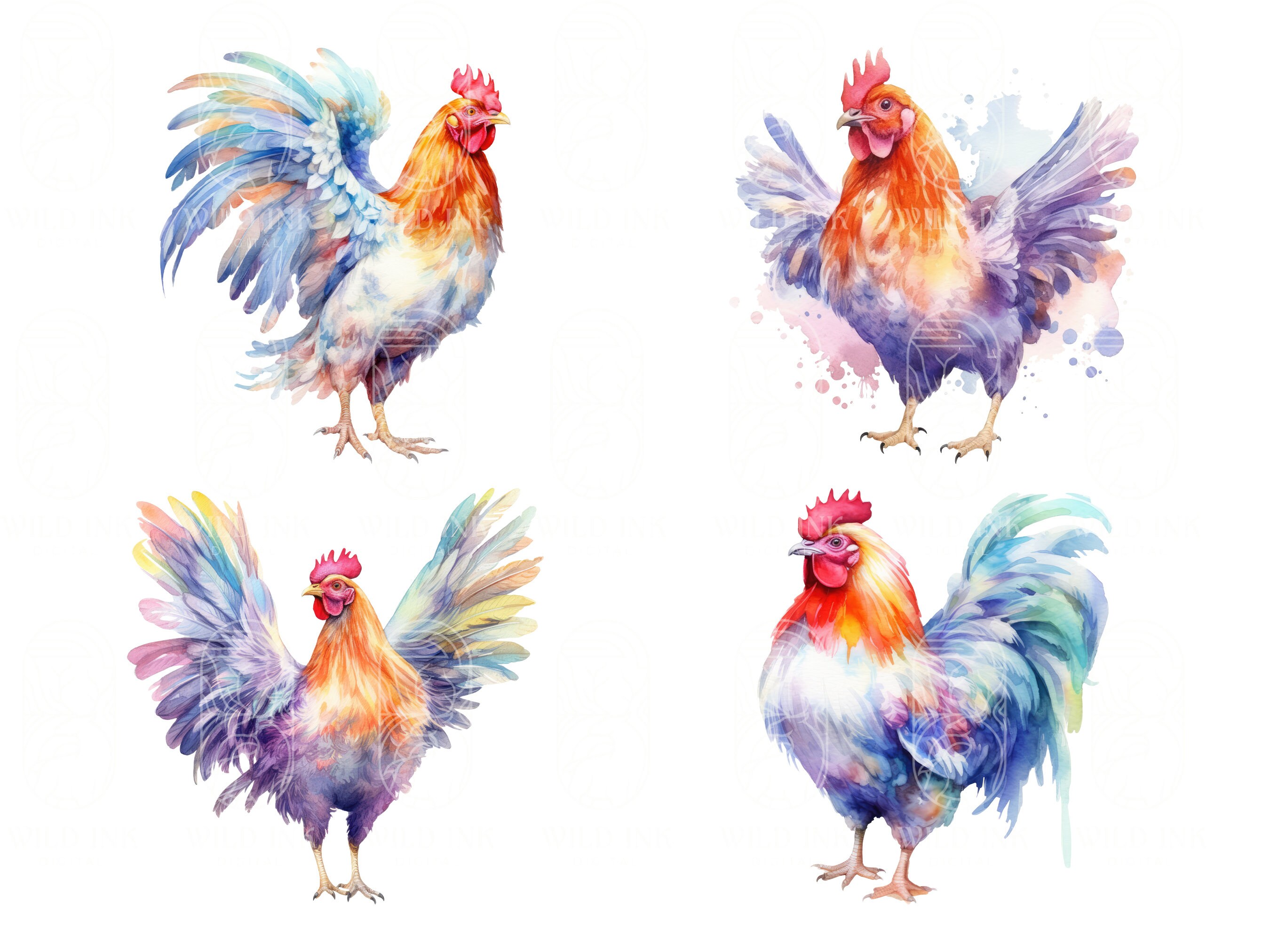 Watercolor Chicken Clipart – Farm Animal PNG & JPEG Graphics (digital ...