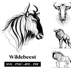 Clipart SVG di gnu, linea arte minimalista, logo animale vettoriale, arte moderna, tatuaggio della fauna selvatica africana e design a sublimazione, download digitale