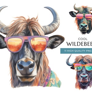 Watercolor Wildebeest Clipart with Sunglasses, 11 High-Quality PNG & JPEG, Cool Safari Animal Print, Digital Crafting, Digital Download
