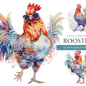 Imágenes prediseñadas de gallo bailando, 12 PNG de alta calidad, divertido pollo de acuarela, impresiones digitales y proyectos creativos, descarga digital