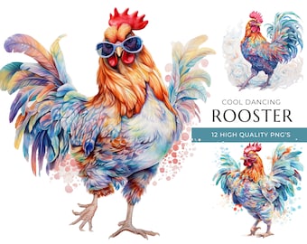 Cool danse coq Clipart, 12 PNG de haute qualité, poulet aquarelle drôle, impressions numériques et projets créatifs, téléchargement numérique