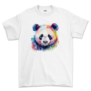 May include: A white t-shirt with a colorful watercolor illustration of a panda bear's face.
