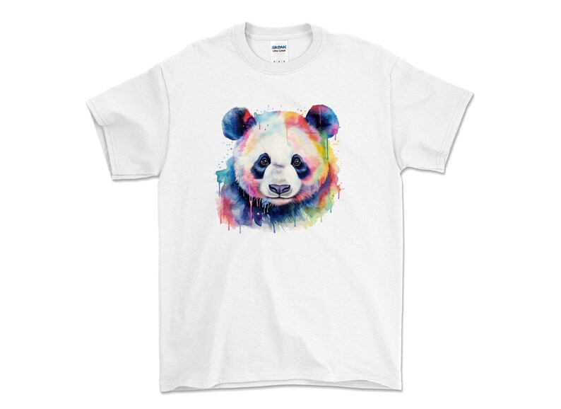 May include: A white t-shirt with a colorful watercolor illustration of a panda bear's face.