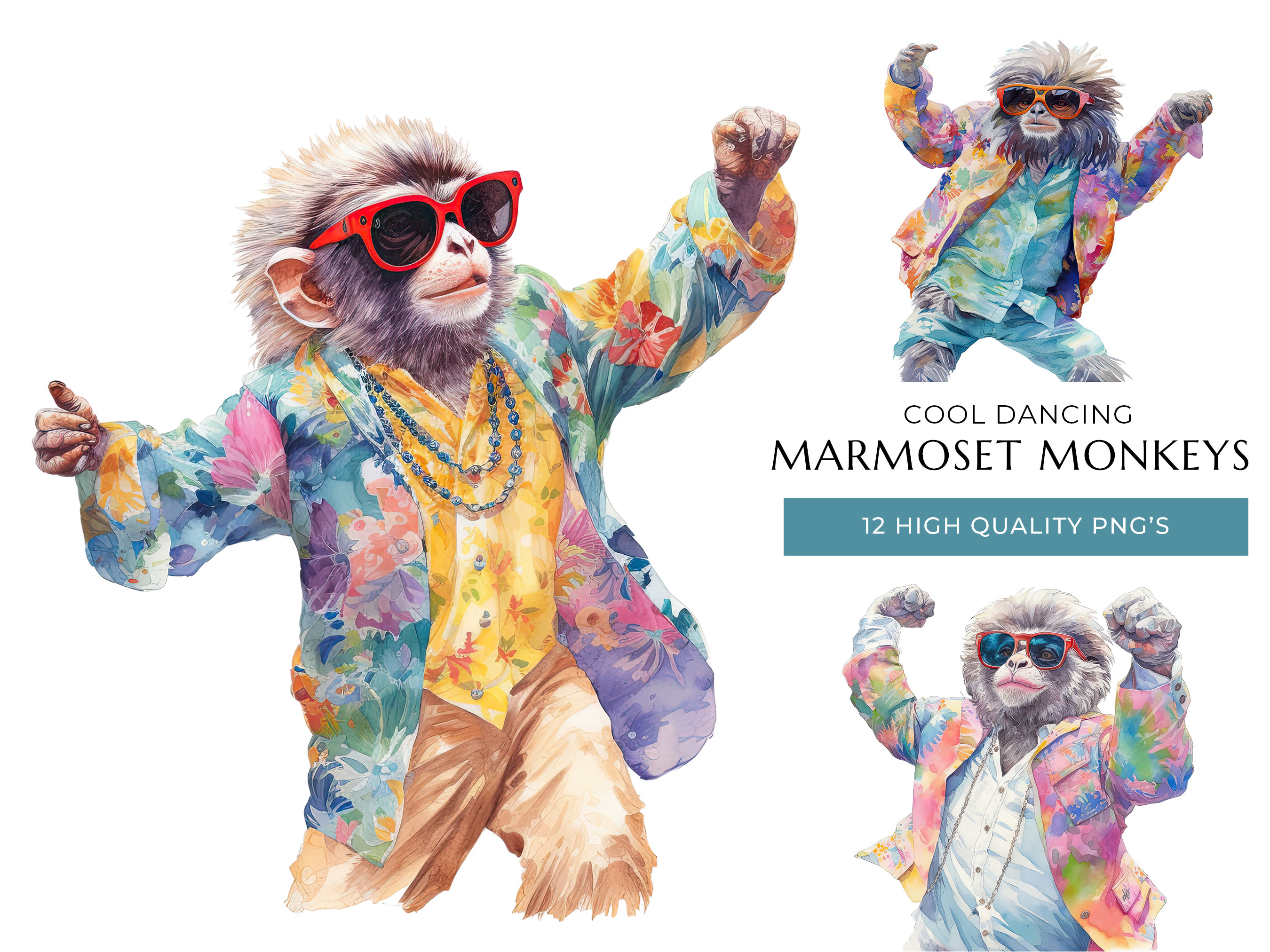 Cool Dancing Monkey Clipart, 12 PNG de haute qualité, Art aquarelle marmoset drôle, impressions numériques et projets créatifs, téléchargement numérique