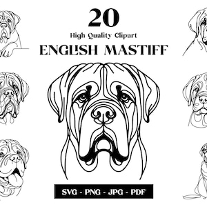 Englischer Mastiff SVG & PNG Clipart Bundle: Digitale Linie Kunst, minimalistische Vektor Hund Zeichnung für Sublimation, Hundeliebhaber, Welpe digitaler Download