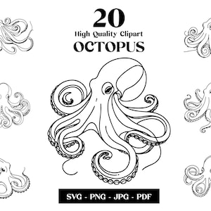 Octopus SVG Clipart, Kraken Minimalist Line Art, Logo Animal Vector, Sztuka nowoczesna, Projekt tatuażu i sublimacji, Haft, Pobieranie cyfrowe