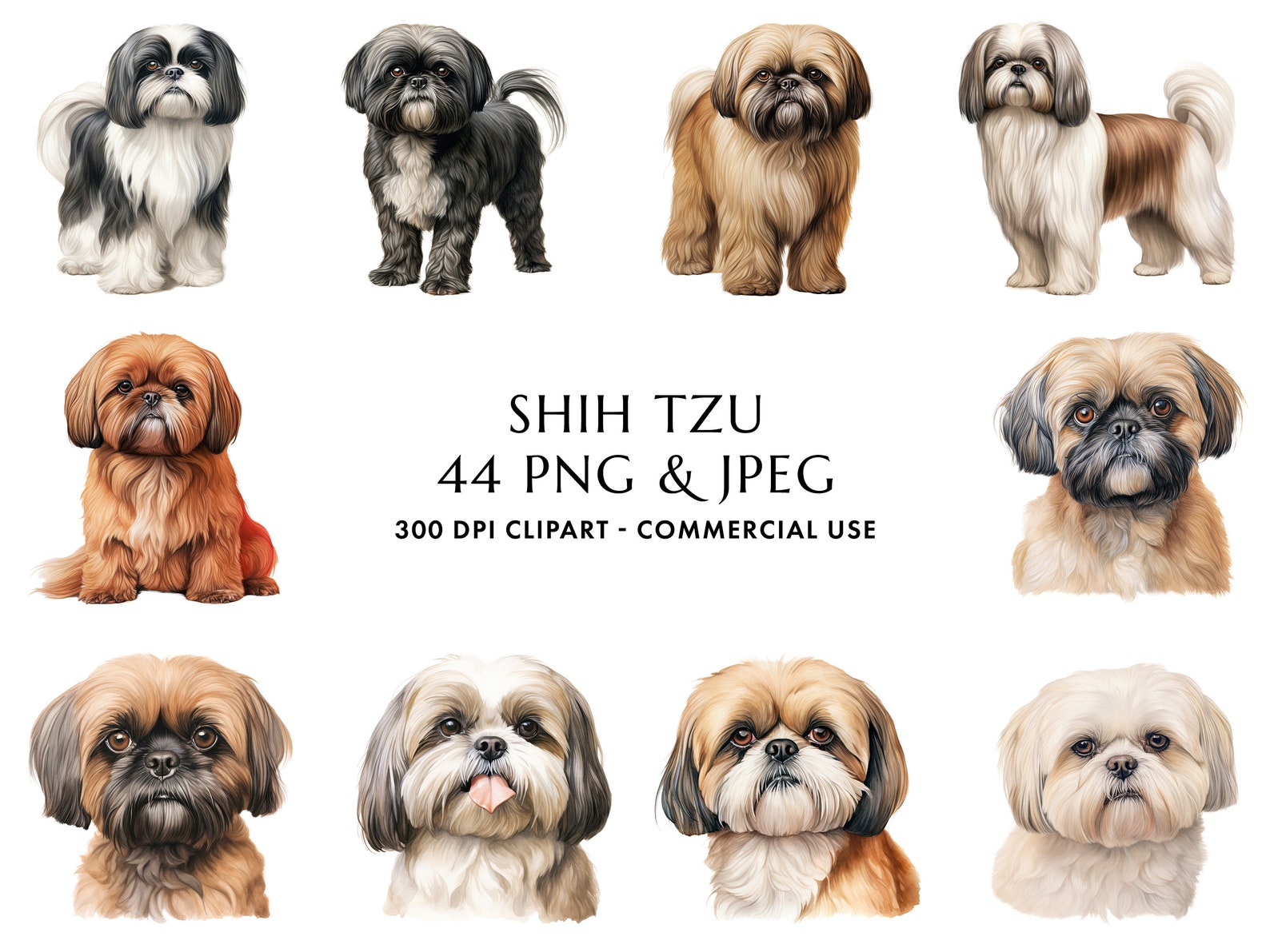 Watercolor Shih Tzu Clipart Bundle: 44 PNG & JPEG Images (digital ...