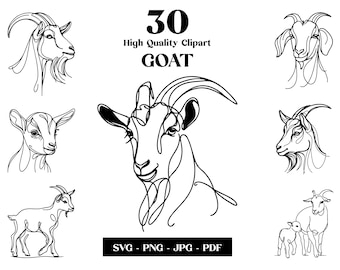 May include: A set of 30 high-quality goat clipart images in black and white line art style. The images feature goats in various poses, including a goat with a baby goat, a goat with horns, and a goat with its head turned to the side. The text "30 High Quality Clipart GOAT" is at the top of the image. The text "SVG - PNG - JPG - PDF" is at the bottom of the image.