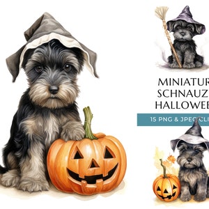 Miniature Schnauzer Halloween Dog Watercolor Clipart - 15 High-Quality PNG & JPEG, Trick or Treat Cute Puppy - Digital Download