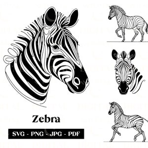 Puede incluir: Ilustraciones en blanco y negro de cebras en varias poses. Las ilustraciones incluyen una cabeza de cebra, una cebra de pie y una cebra corriendo. El texto "Zebra" y "SVG - PNG - JPG - PDF" también está incluido.