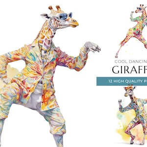 Cool Dancing Giraffe Clipart, 12 High Quality PNGs, Funny Watercolor Animals, Digital Prints and Creative Projects, Digital Download