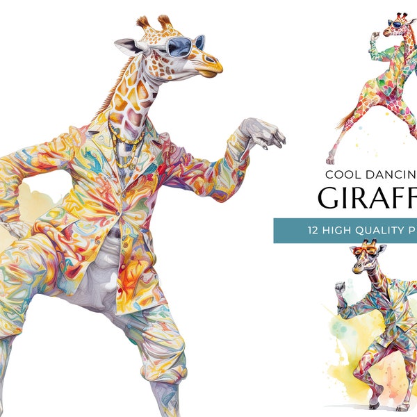 Cool Dancing Giraffe Clipart, 12 High Quality PNGs, Funny Watercolor Animals, Digital Prints and Creative Projects, Digital Download