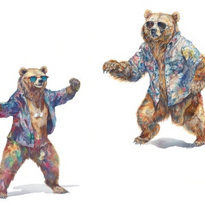 May include: Two brown bears wearing colourful shirts and sunglasses. The bears are standing on a white background.