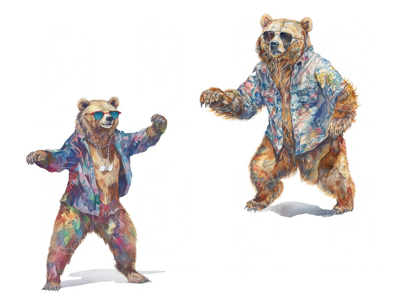 May include: Two brown bears wearing colourful shirts and sunglasses. The bears are standing on a white background.
