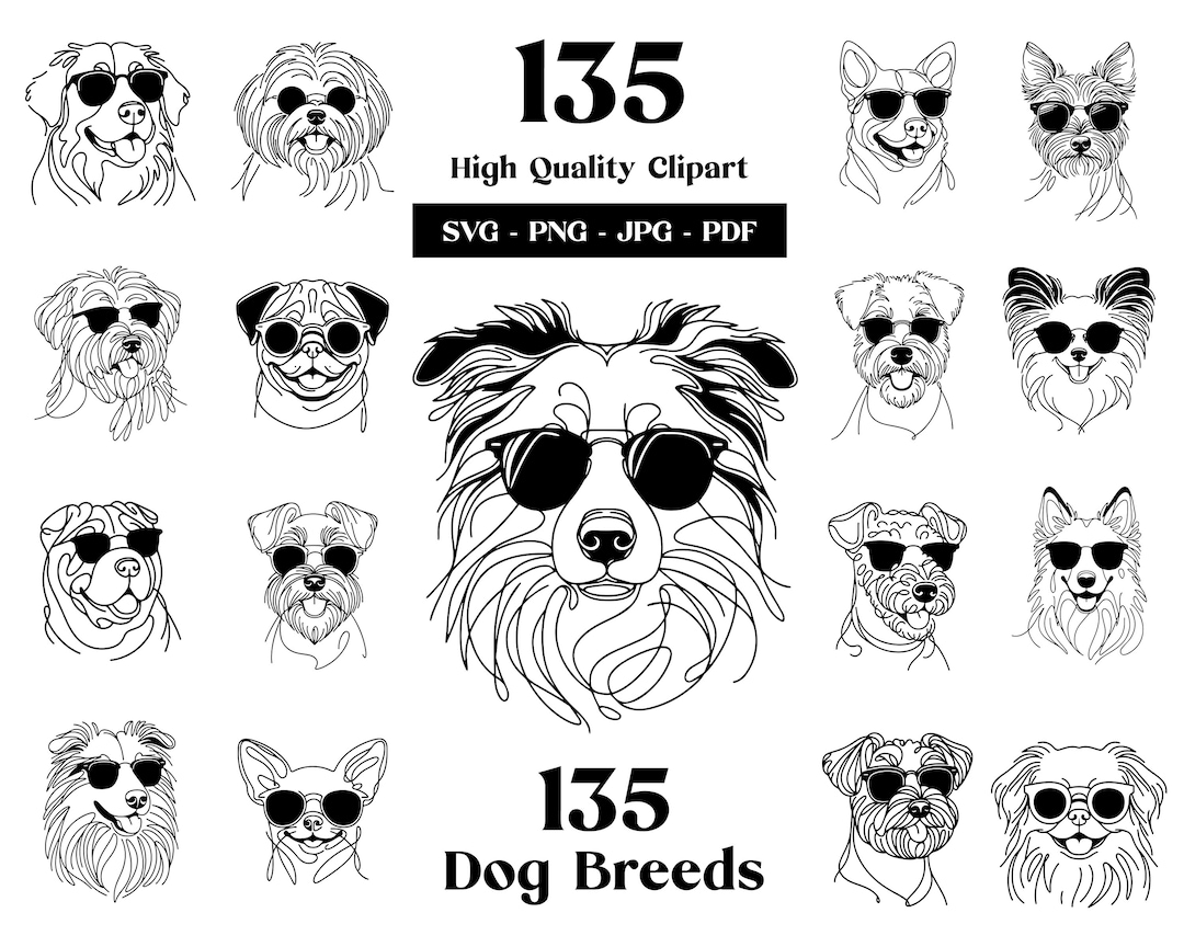 Dogs SVG Clipart Bundle: 135 Breeds With Sunglasses (digital Download ...