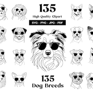 Cool Dogs SVG Clipart Bundle: 135 ras, Psy z okularami przeciwsłonecznymi Line Art, Letnie motywy, do Cricut i sublimacji, Pobieranie cyfrowe