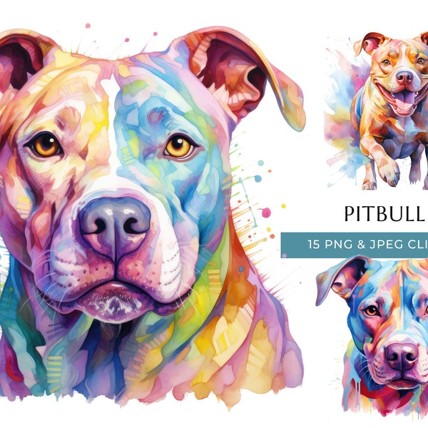 Pitbull Hund Clipart - 15 hochwertige PNGs & JPEG - Bunte Aquarell Hund - Digital Crafting - Sofortiger digitaler Download