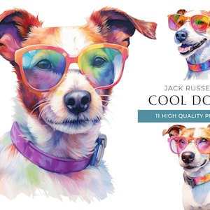 Cool Jack Russel Dog Clipart, 11 High Quality PNGs, Funny Dogs with sunglasses Watercolor Print, Digital Crafting, Digital Download