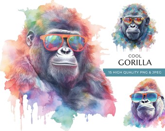 Watercolor Gorilla Clipart, Safari Animal with Sunglasses (Digital Download