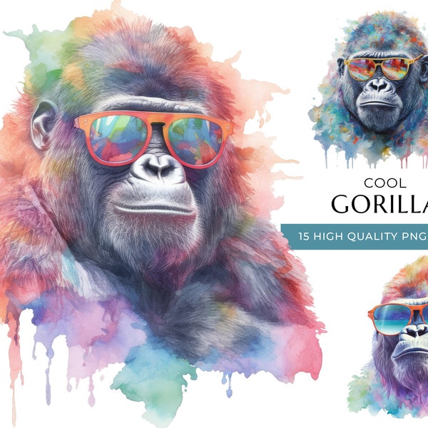 Watercolor Gorilla Clipart with Sunglasses, 15 High-Quality PNG & JPEG, Cool Safari Animal Print, Digital Crafting, Digital Download