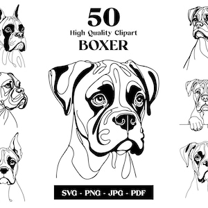 Pacchetto di clipart SVG e PNG di Boxer: disegno lineare digitale, disegno vettoriale minimalista di un cane per sublimazione, amante dei cani, download digitale di cuccioli