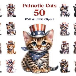 Lot de cliparts chats patriotiques : jour de l&#39;indépendance des États-Unis, chatons aquarelles (téléchargement numérique)