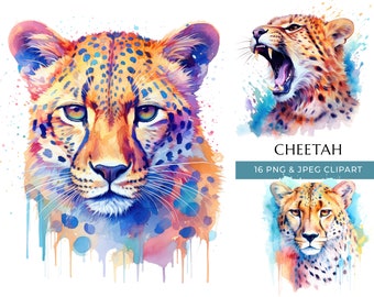 Watercolor Cheetah Clipart – Colorful Animal Print (PNG & JPEG Digital Download)