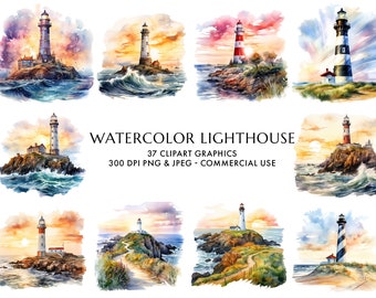 Watercolor Lighthouse Clipart: Sunset Coastal Graphics (Digital Download)