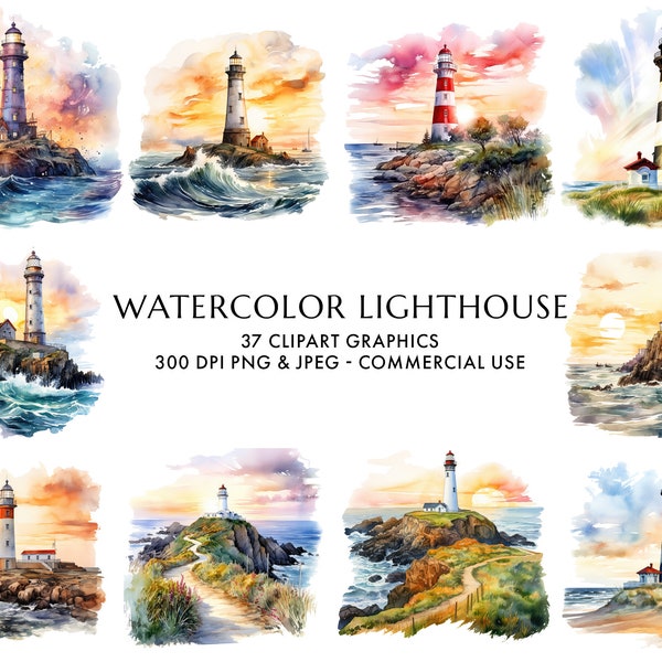 Watercolor Lighthouse Clipart 37 High Quality PNG & JPEG, Popular Clipart Bundle, Commercial Use, Instant Digital Download