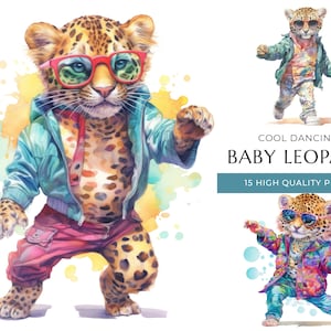 Cool Dancing Baby Leopard Clipart, 15 High Quality PNG, Cute Watercolor Animals, Digital Prints and Creative Projects, Digital Download