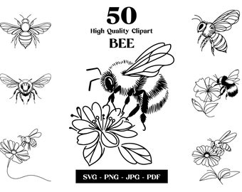 May include: A set of 50 high quality bee clip art images in black and white. The images include bees flying, bees on flowers, and bees in various poses. The text "50 High Quality Clipart BEE" is at the top of the image. The text "SVG - PNG - JPG - PDF" is at the bottom of the image.