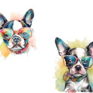 Watercolor Boston Terrier Puppy Clipart, Dog with Sunglasses (Digital Download) image 5