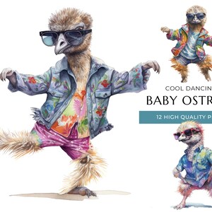 Cool Dancing Baby Ostrich Clipart, 12 High Quality PNG, Cute Watercolor Animals, Digital Prints and Creative Projects, Digital Download