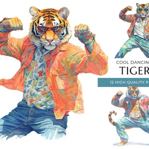 Cool Dancing Tiger Clipart, 12 High Quality PNGs, Funny Watercolor Animals, Digital Prints and Creative Projects, Digital Download