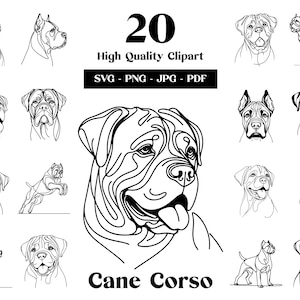 Cane Corso SVG & PNG Clipart Bundle: Arte de línea digital, dibujo de perro vectorial minimalista para sublimación, amante de los perros, descarga digital