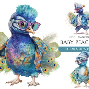 Cool Dancing Baby Peacock Clipart, 15 High Quality PNG, Cute Watercolor Animals, Digital Prints and Creative Projects, Digital Download