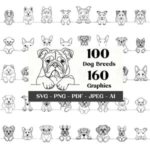 160 Dog SVG Clipart Bundle: 100 Dog Breeds in SVG, Digital Lineart Peeking Dog Clipart, SVG Files for Cricut, Sublimation, Digital Download