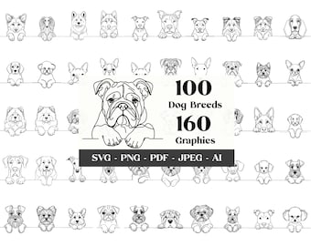 160 Dog SVG Clipart Bundle: 100 Dog Breeds in SVG, Digital Lineart Peeking Dog Clipart, SVG Files for Cricut, Sublimation, Digital Download