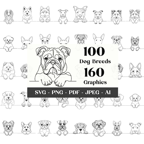 160 Dog SVG Clipart Bundle: 100 Dog Breeds in SVG, Digital Lineart Peeking Dog Clipart, SVG Files for Cricut, Sublimation, Digital Download