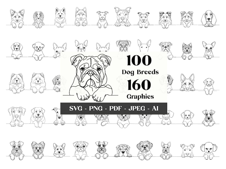 May include: Black and white line drawings of 100 different dog breeds. The text "100 Dog Breeds 160 Graphics" is in the centre of the image. The text "SVG - PNG - PDF - JPEG - AI" is at the bottom of the image.