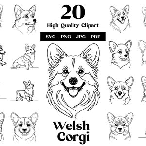 Welsh Corgis SVG & PNG Clipart Bundle: Digitale Linie Kunst, minimalistische Vektorzeichnung für Sublimation, Hundeliebhaber, digitaler Download