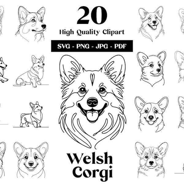 Welsh Corgi SVG & PNG Clipart Bundle: Digital Line Art, Minimalist Vector Dog Drawing for Sublimation, Dog Lover, Digital Download