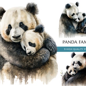 Mama und Baby Panda Bär Clipart, 9 hochwertige PNGs, Aquarell niedliche Mama Panda Bär, Muttertag, Geschenk für Mama, digitaler Download Set 02