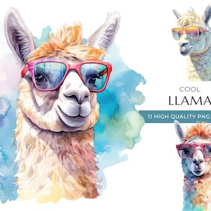 Watercolor Llama Clipart with Sunglasses, 11 High-Quality PNG & JPEG, Cool Farm Animal Print, Digital Crafting, Digital Download