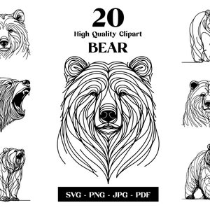 Clipart SVG ours, dessin au trait minimaliste, logo animal vecteur, Art moderne, tatouage et sublimation, broderie, téléchargement numérique